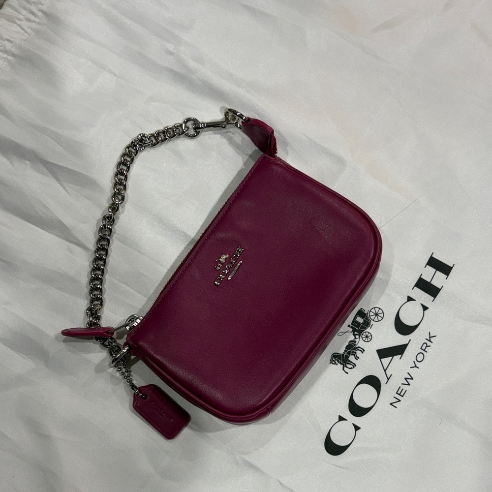 Coach Magenta Leather Mini Wristlet with Silver Chain